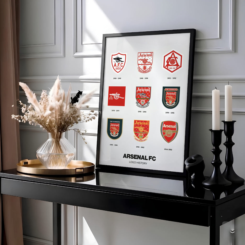 North London football emblem travel poster style grid print celebrating Arsenal heritage, created by MapYourDreams with choices spanning unframed prints, stretched canvas wall art, and custom framed wall decor for office spaces.