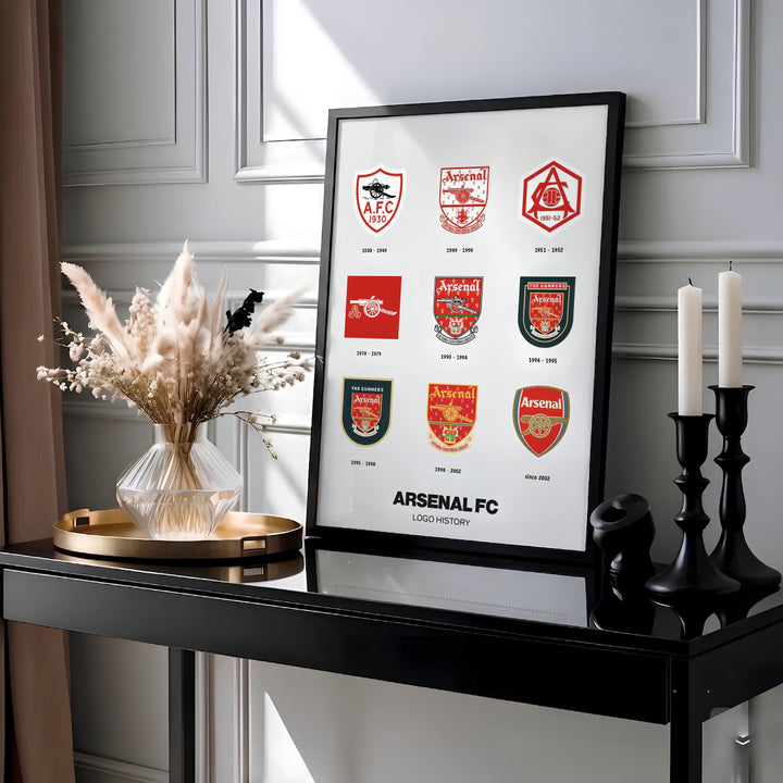 North London football emblem travel poster style grid print celebrating Arsenal heritage, created by MapYourDreams with choices spanning unframed prints, stretched canvas wall art, and custom framed wall decor for office spaces.
