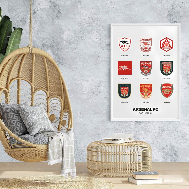 Elegant sports wall art print showing the evolution of Arsenal FC cannons and shields, offered by MapYourDreams with selections for an unframed poster, stretched canvas, or custom framed wall decor for apartments.