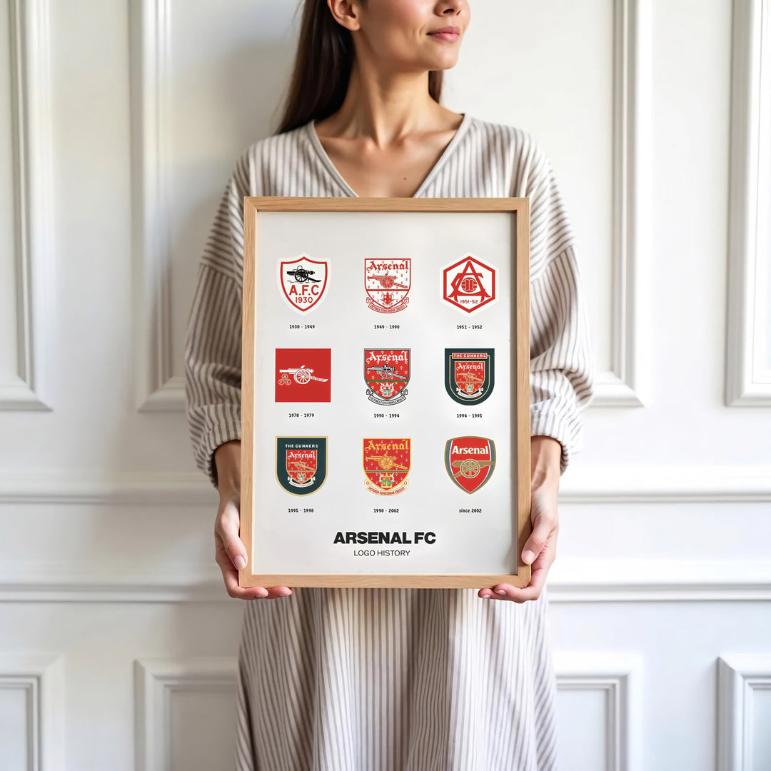 Authentic Arsenal crest history poster printed on premium archival paper with red grid lines, presented by MapYourDreams as an unframed print, gallery canvas, or custom framed decor for North London football lovers.