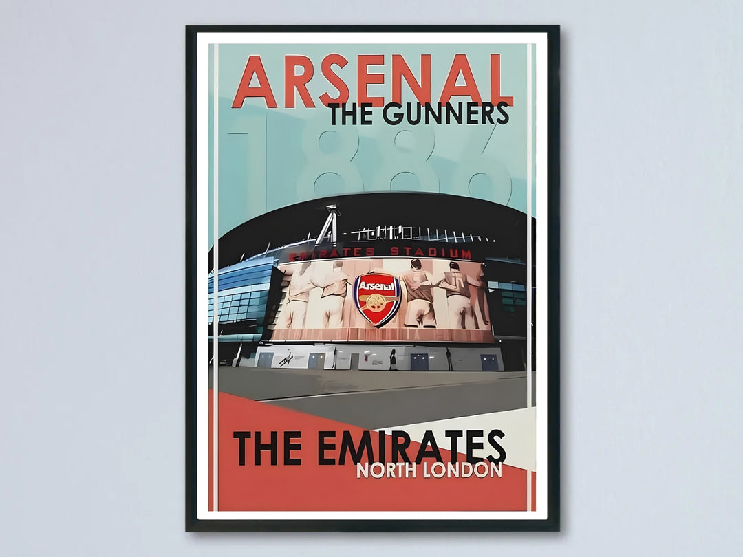 Vintage travel-style poster of the Emirates Stadium, Arsenal FC's home ground in North London, featuring the stadium facade, crest mural, and "The Gunners" typography, available as a framed print, unframed print, or canvas.