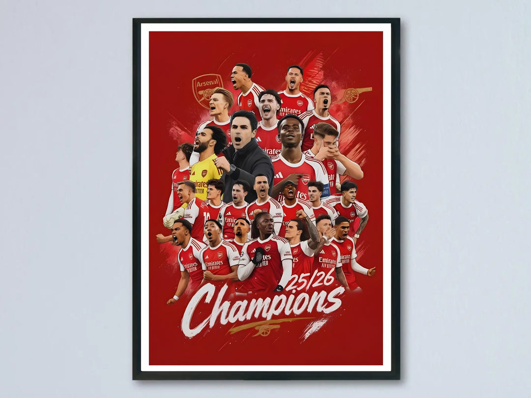 Illustrated squad poster of Arsenal FC celebrating their 25/26 title alongside manager Mikel Arteta, set against a red background with the club&