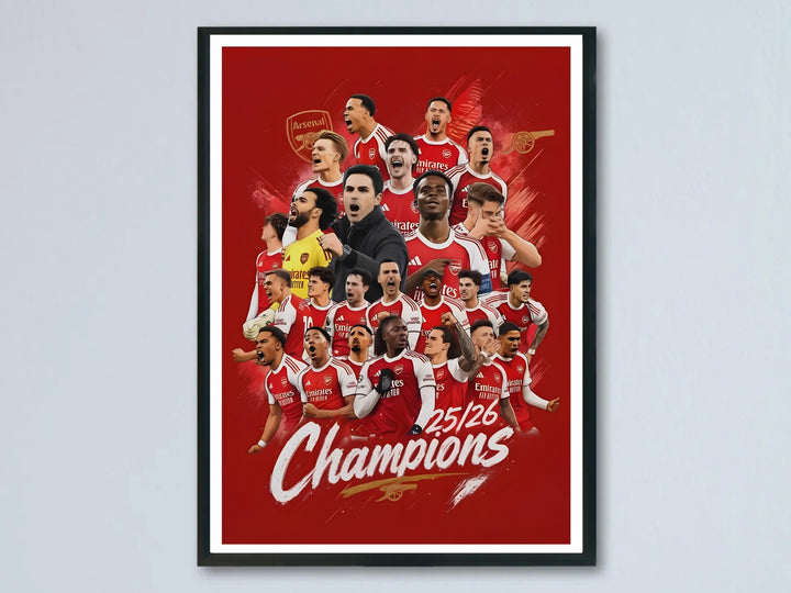 Illustrated squad poster of Arsenal FC celebrating their 25/26 title alongside manager Mikel Arteta, set against a red background with the club&