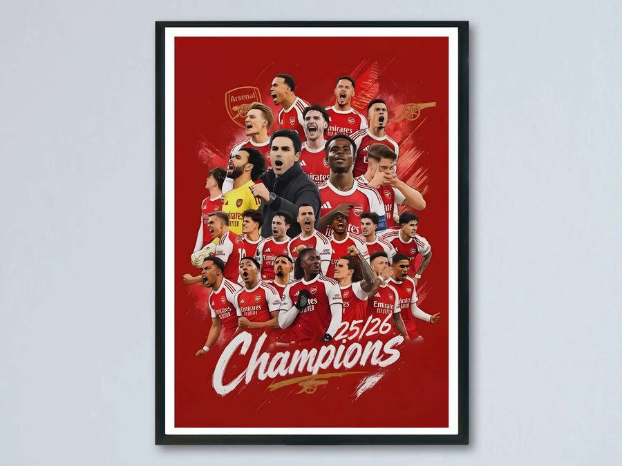 Illustrated squad poster of Arsenal FC celebrating their 25/26 title alongside manager Mikel Arteta, set against a red background with the club&