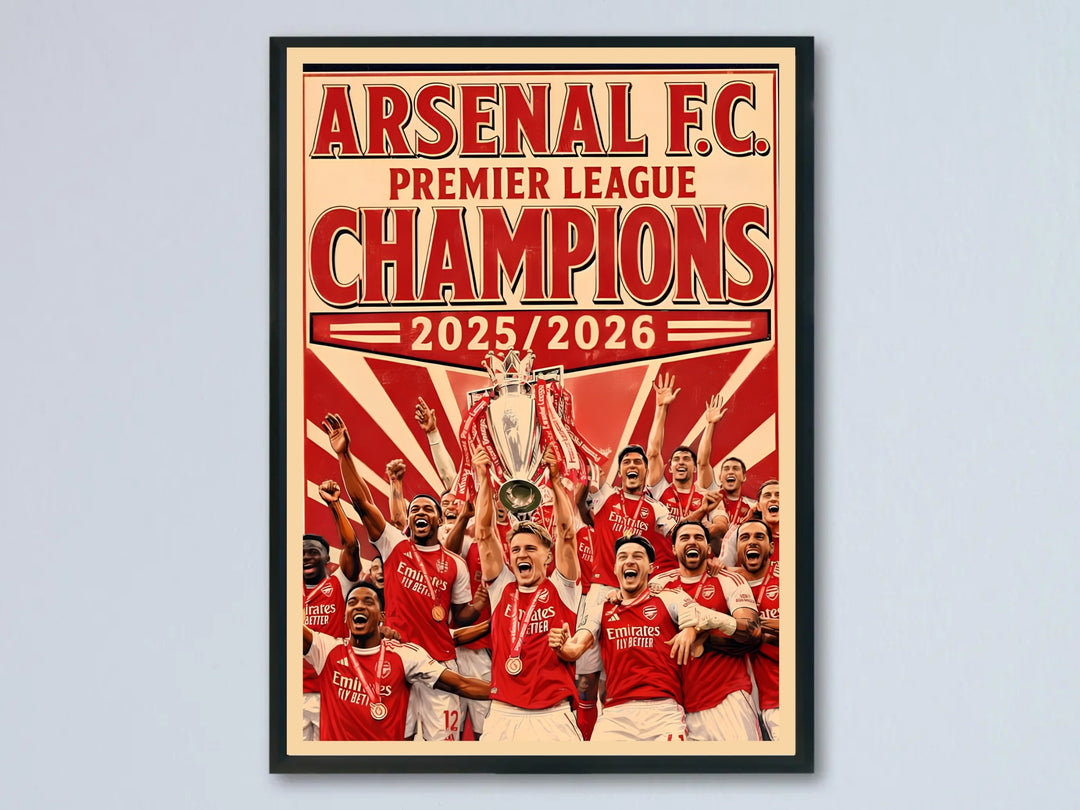 A beautiful Arsenal FC Premier League Champions victory art print highlighting a retro comic style view of the trophy celebration at Emirates Stadium in London with players cheering under a red sunburst.