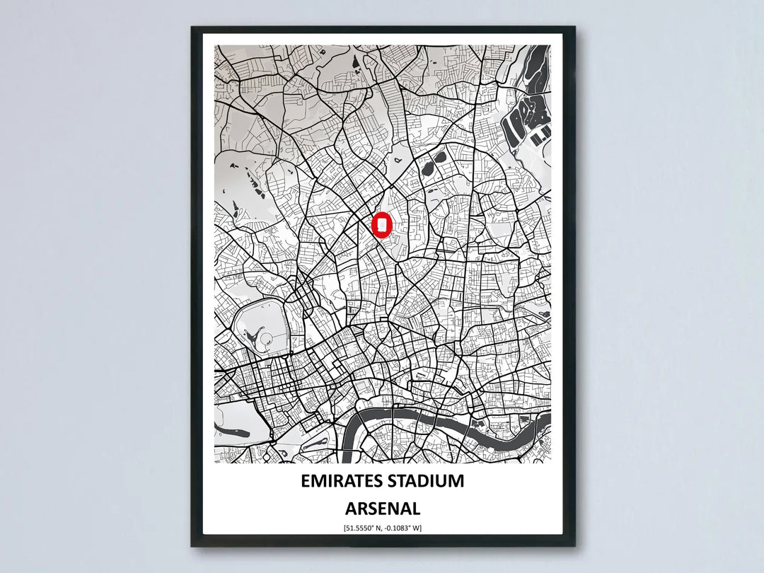 Minimalist city map poster of the Emirates Stadium in North London, with a bold red pin marking Arsenal FC&