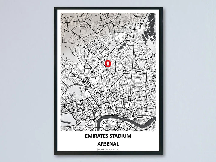Minimalist city map poster of the Emirates Stadium in North London, with a bold red pin marking Arsenal FC&