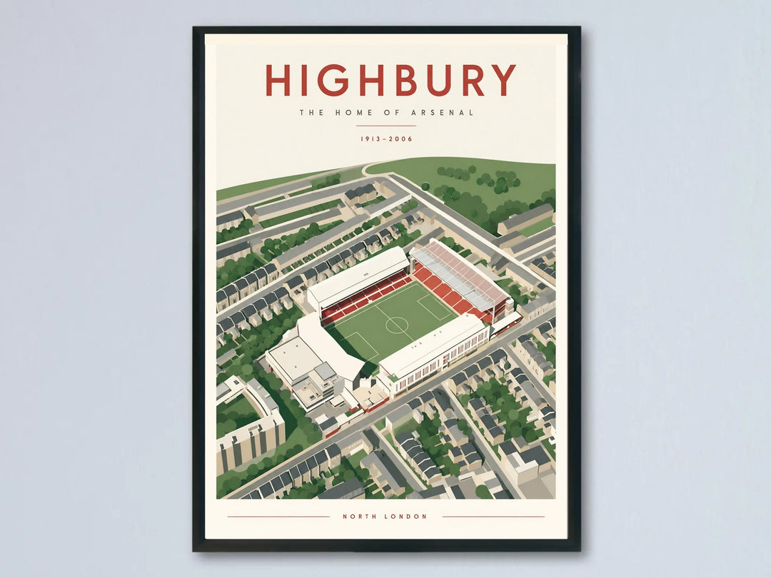 Vintage travel poster of Highbury Stadium, the historic North London home of Arsenal FC from 1913 to 2006, showing a detailed aerial illustration of the pitch, terraces, and surrounding streets in warm cream and red tones, available as a framed print, unframed print, or canvas for a Gunners fan&