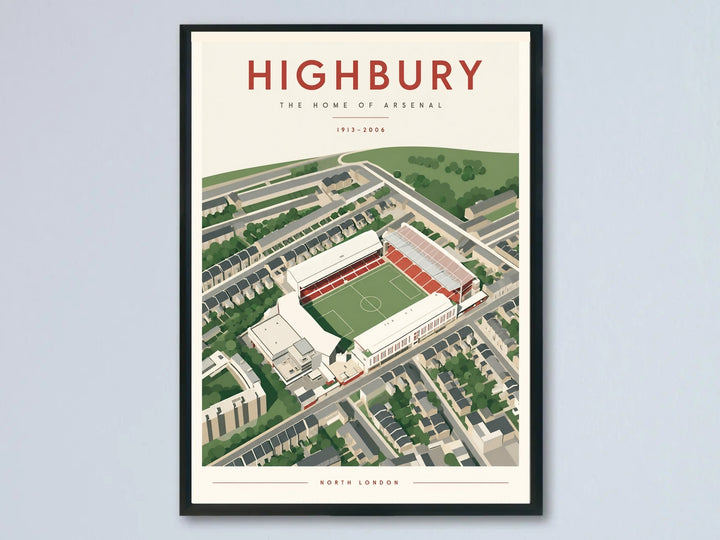 Vintage travel poster of Highbury Stadium, the historic North London home of Arsenal FC from 1913 to 2006, showing a detailed aerial illustration of the pitch, terraces, and surrounding streets in warm cream and red tones, available as a framed print, unframed print, or canvas for a Gunners fan&