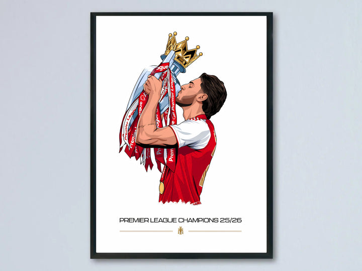 Illustrated poster of Declan Rice kissing the Premier League trophy beneath a gold crown, marking Arsenal FC&