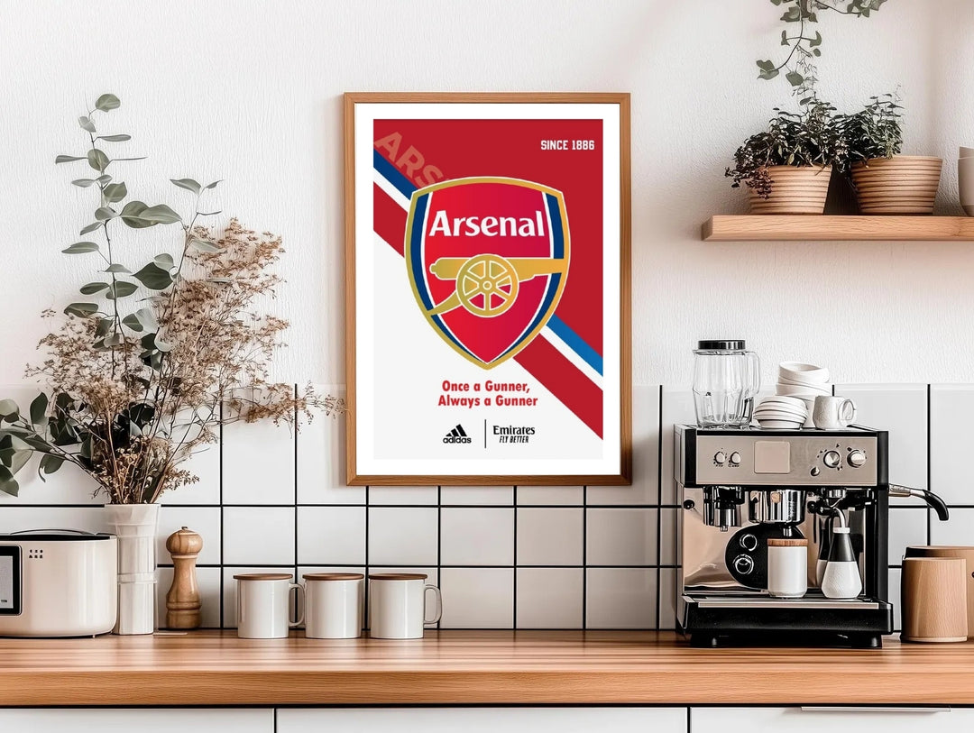 A striking visual escape perfect for a cozy reading nook or sports lounge, this detailed graphic artwork of Arsenal FC Since 1886 coordinates beautifully with modern leather furniture and bold corporate color palettes.