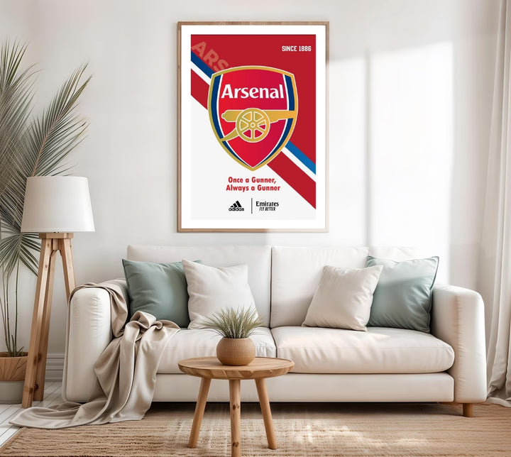 This upscale football club and stadium display of Arsenal FC Since 1886 offers a sophisticated design look for home offices, effortlessly pairing iconic red, white, and gold crest elements with a clean, gallery-ready aesthetic.