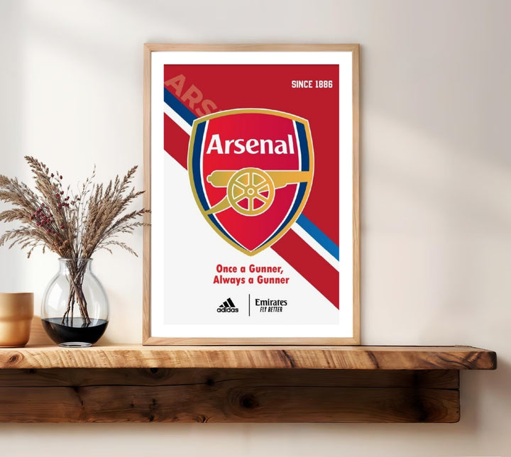 Artistic sports textures and crisp graphic lines define this premium matchday souvenir of Arsenal FC Since 1886, making it an exceptional housewarming gift for anyone who loves London football heritage and historic team crests.