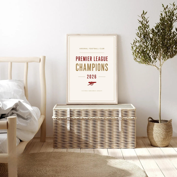 A detailed artistic typography poster celebrating the historic achievement at Emirates Stadium in London, selectable as a high-quality wrapped canvas format or a standalone matte paper print.