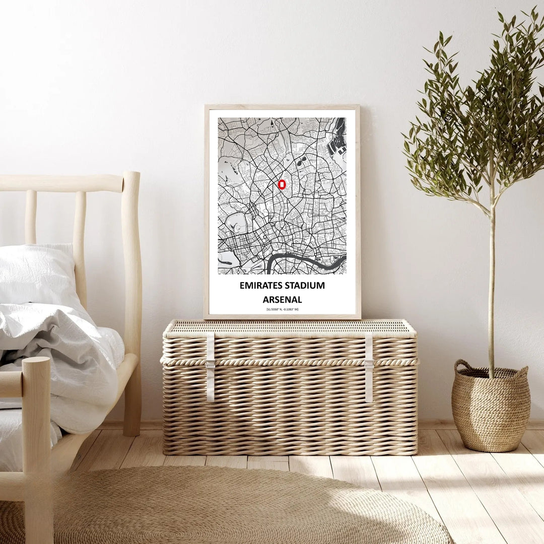 Wall art map print of North London pinpointing the Emirates Stadium with a bold red marker, coordinates, and the surrounding street grid, offered as framed, unframed, or canvas wall art.