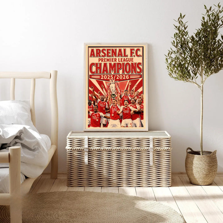 An elegant print style of the scenic football victory at Emirates Stadium in London showcasing local club legends, offered as an unframed print, wrapped canvas, or premium retro black frame finish.