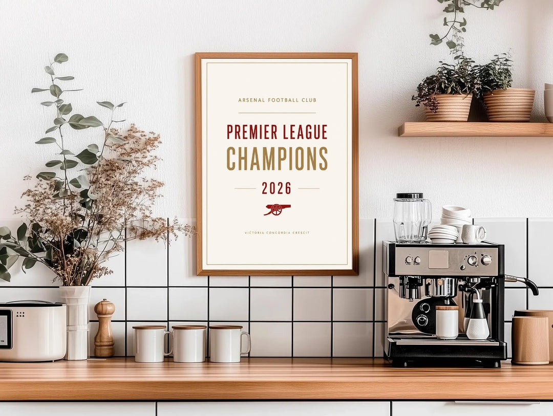 A stunning stadium theme art print showcasing fluid minimalist editorial design lines at Emirates Stadium in London, available in flexible print layouts including custom black and gold frames.