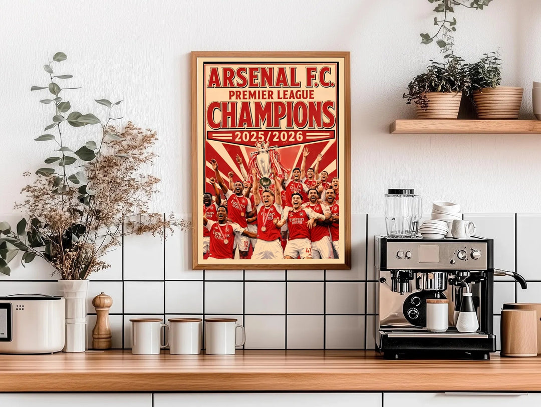 High-contrast vector artwork of a vintage style trophy lift ceremony with red rays beaming out at Emirates Stadium in London, custom made as a canvas print or a retro white framed poster design.