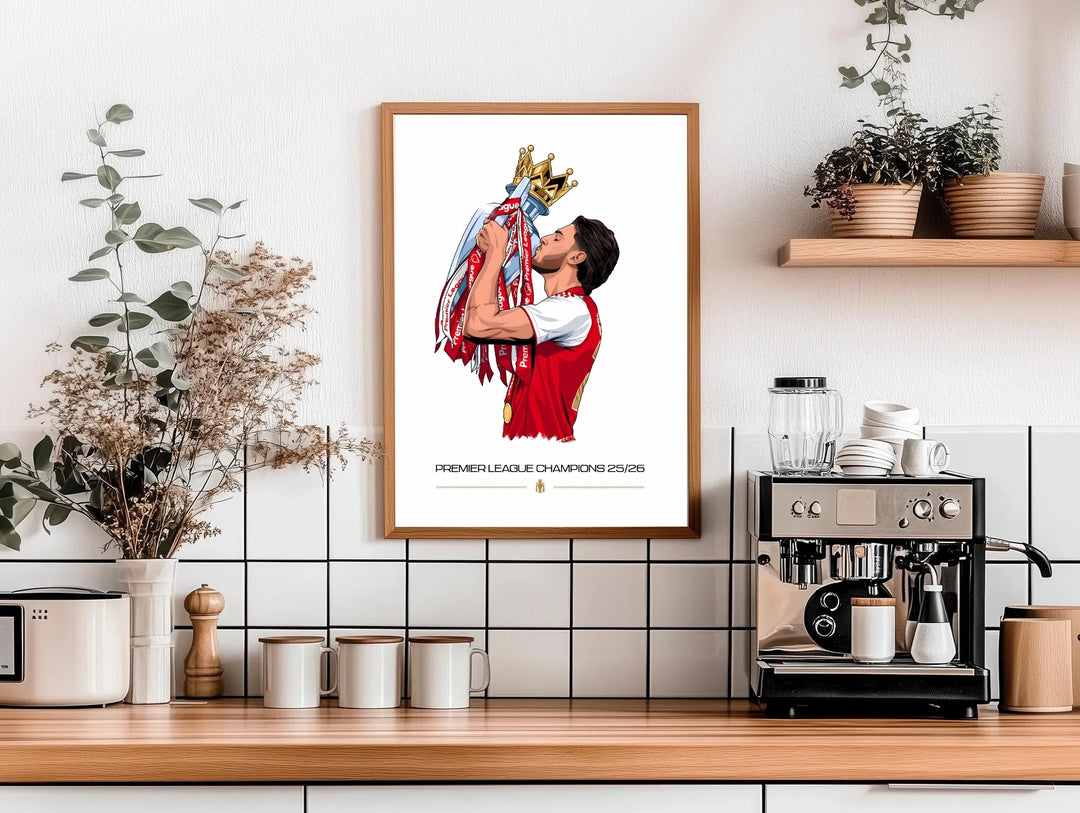Declan Rice Champions 25/26 poster depicting the Arsenal FC midfielder crowned in gold lifting the Premier League trophy to his lips, a bold celebration print for North London football fans, available framed, unframed, or on canvas.