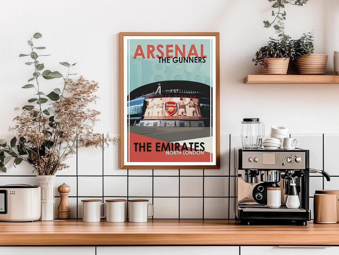 Illustrated travel poster of the Emirates Stadium, marking Arsenal FC&