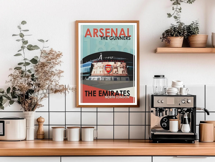 Illustrated travel poster of the Emirates Stadium, marking Arsenal FC&