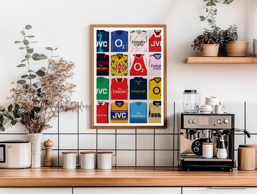 Retro shirt collage poster of Arsenal FC, capturing the North London club&