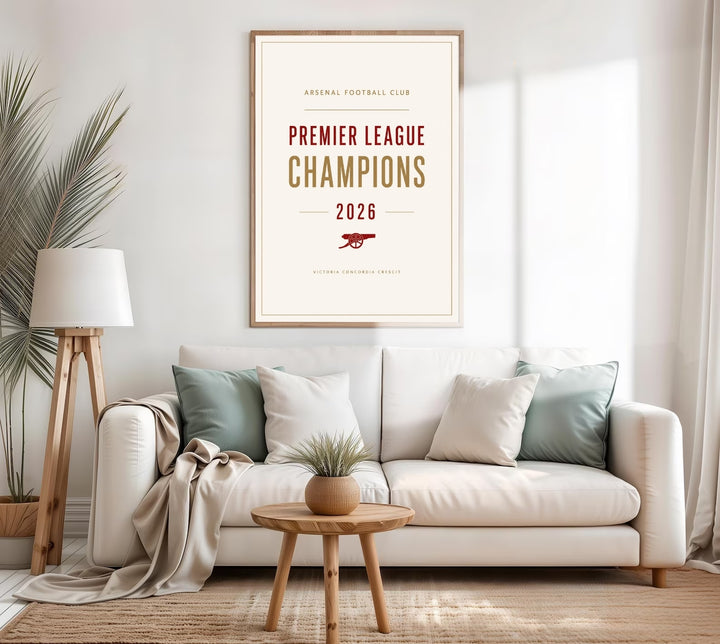 Sophisticated retro illustration print of the world-famous football club victory honors at Emirates Stadium in London, crafted as a premium canvas wall print or a luxury pure gold framed piece.