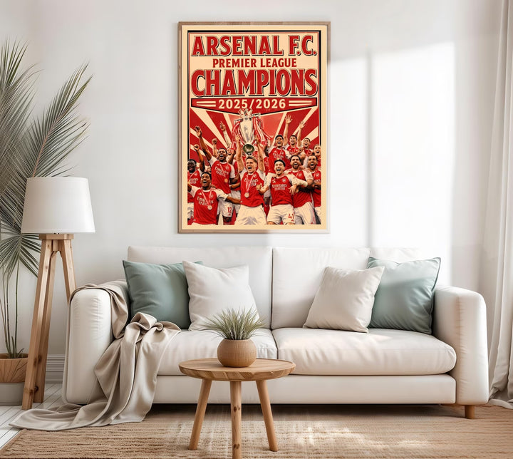 A colorful sports and architectural design of the historic football stadium celebration and walking fans at Emirates Stadium in London, available as a textured canvas or a custom bronze frame.