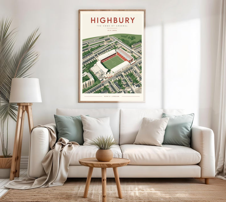 Highbury Stadium travel poster depicting the Home of Arsenal in North London, an elegant piece of football wall art available as an unframed print, gallery canvas, or framed print in a variety of finishes.