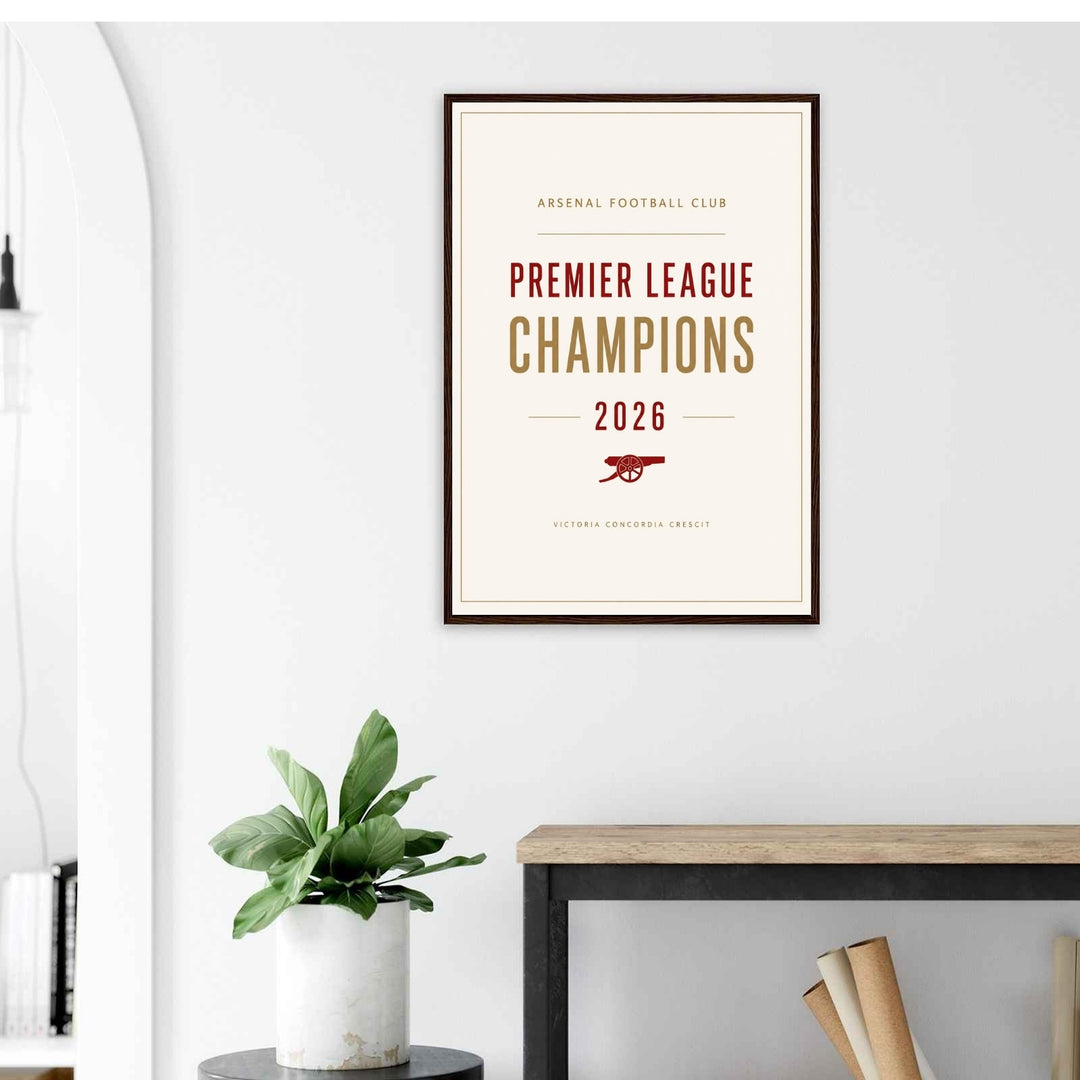Modern typography wall art featuring a clean layout honoring the Premier League champions at Emirates Stadium in London, ordered as a premium stretched canvas format or a loose poster.