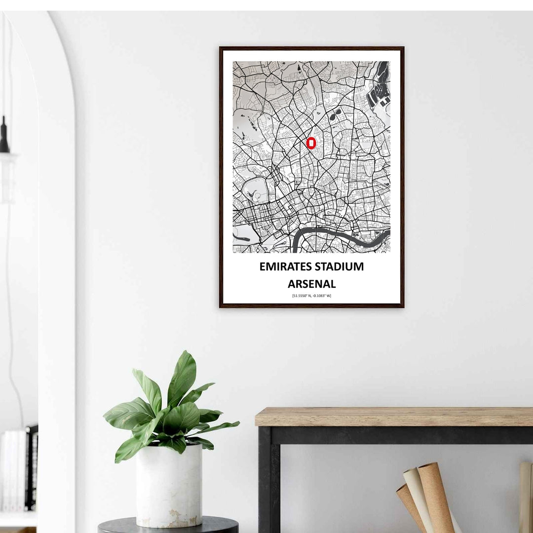 Arsenal FC city map print capturing the Emirates Stadium&