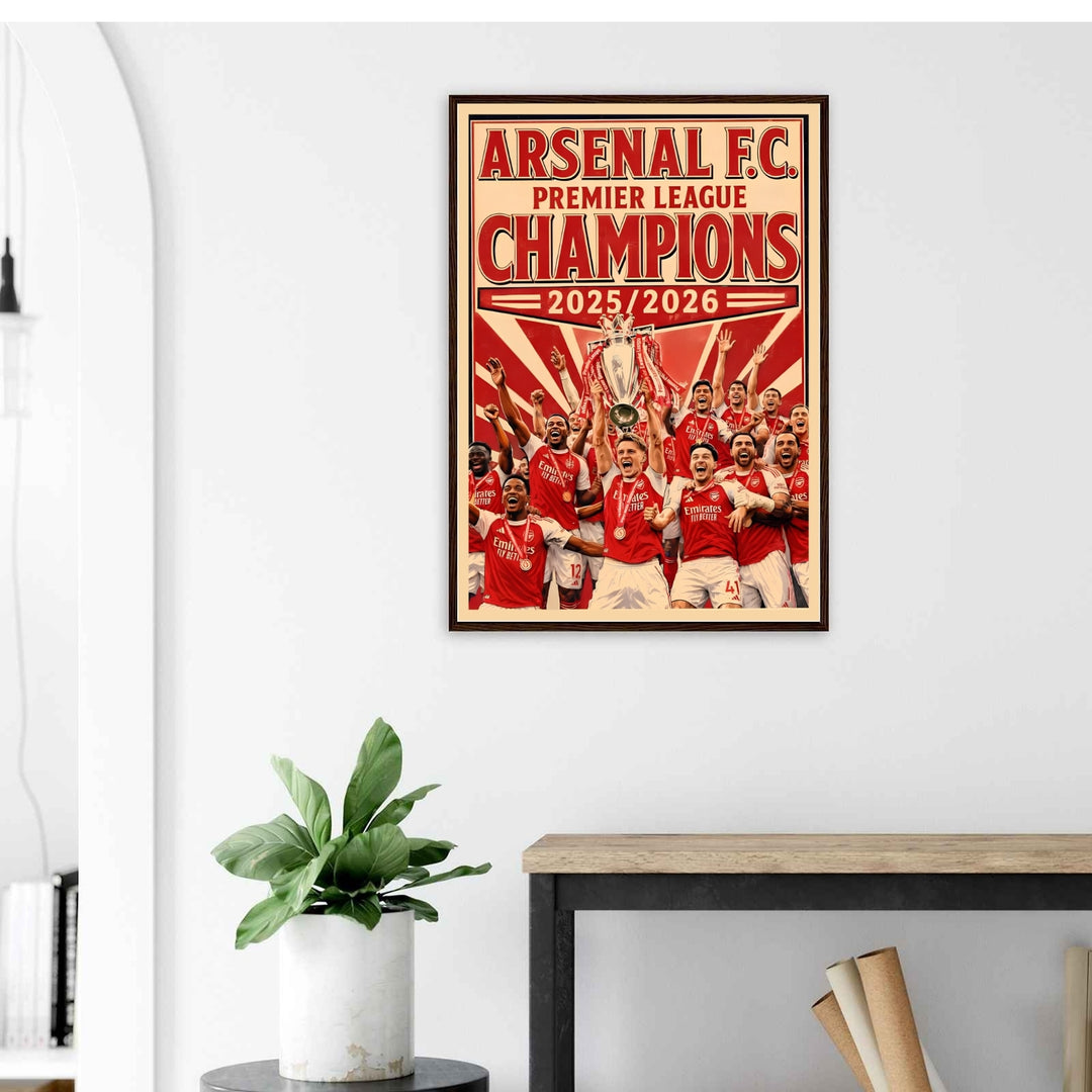 A stylized landscape print displaying a vintage fine art style trophy podium line behind a cheerful squad at Emirates Stadium in London, with options to purchase as an unframed print or a silver frame.