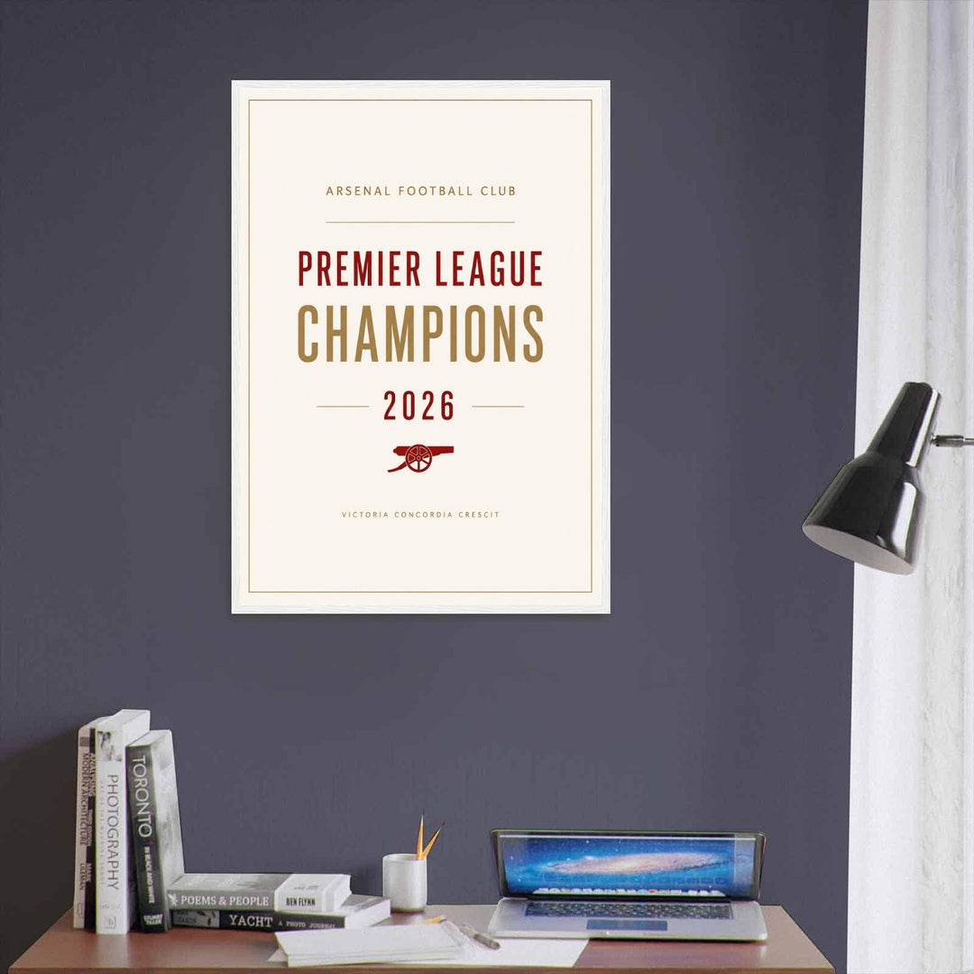 An elegant graphic travel poster layout honoring the champions of North London at Emirates Stadium in London, ready to purchase as an unframed print or a classic natural wood frame accent.