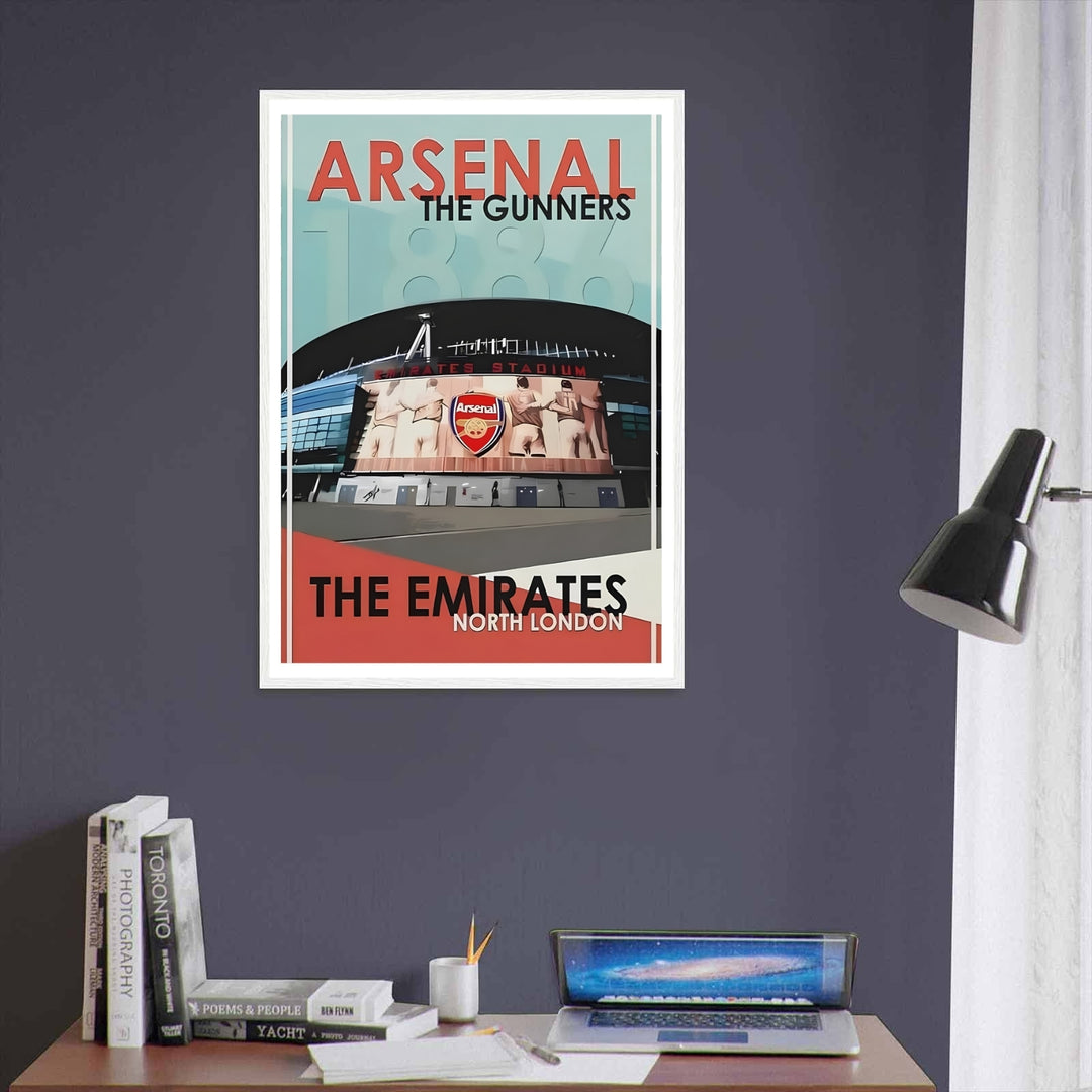 Print celebrating the Emirates Stadium, home of Arsenal FC in North London, illustrated in a retro travel-poster style with warm cream and coral tones, available unframed, canvas, or framed.