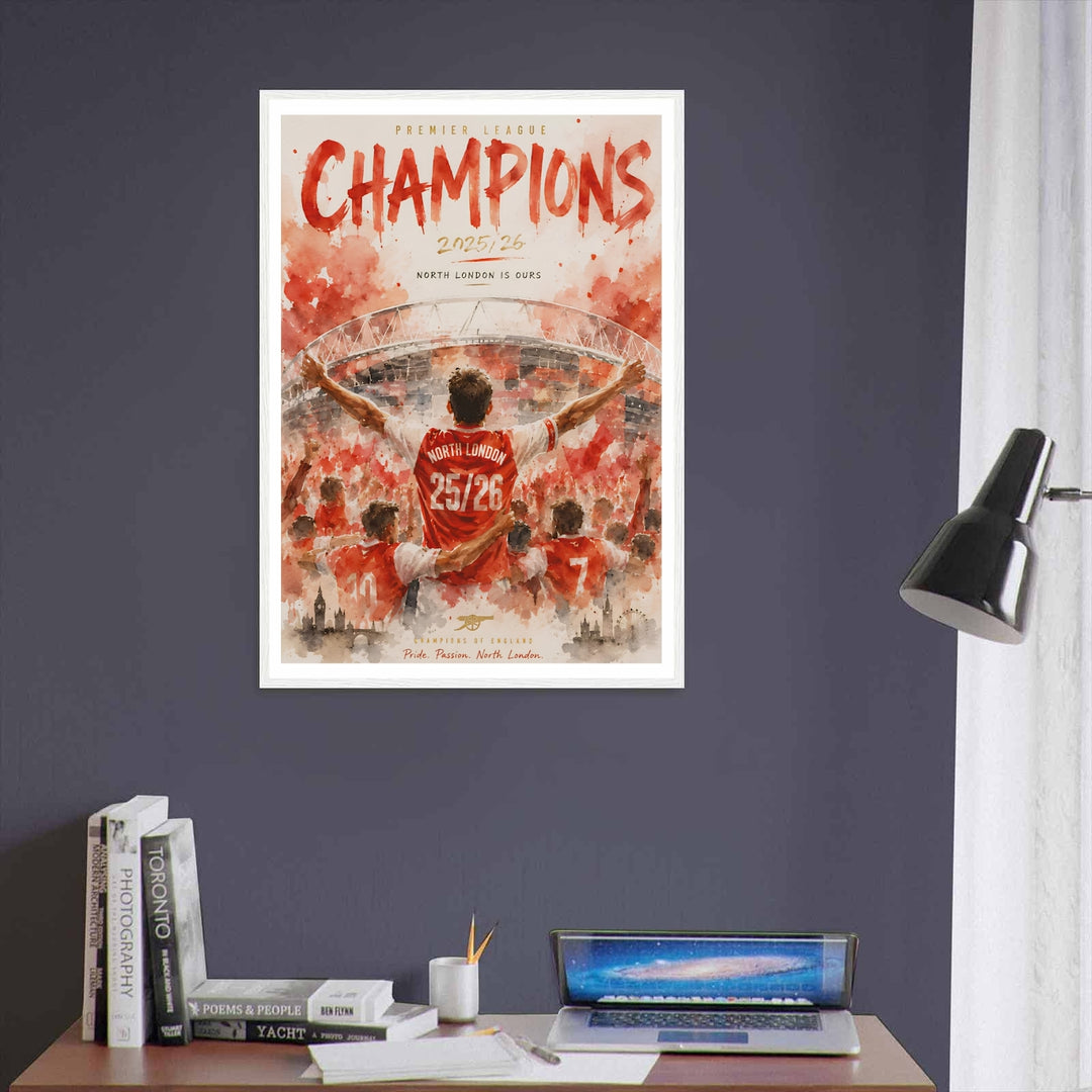 Premier League Champions print featuring an Arsenal player in a "North London 25/26" shirt, arms outstretched before the Emirates Stadium, painted in a watercolor style, available in framed, unframed, and canvas formats.