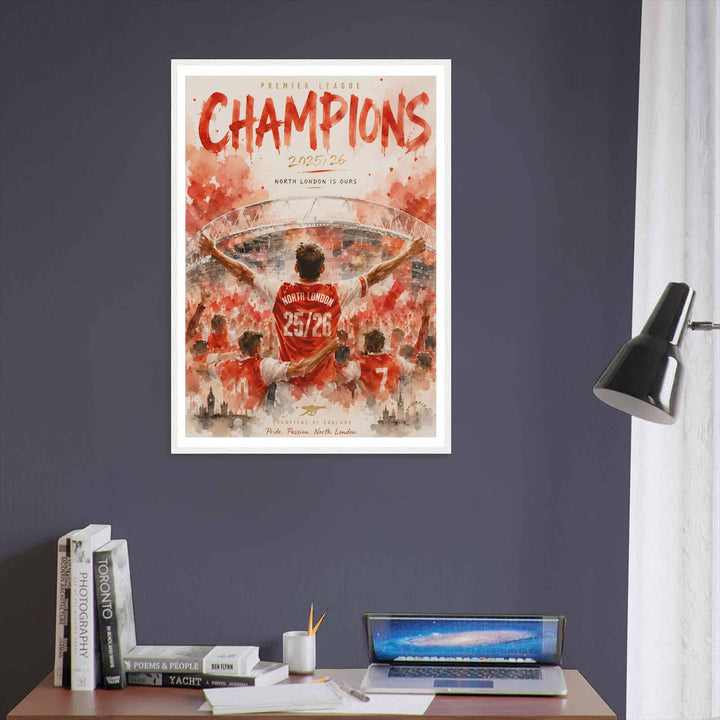 Premier League Champions print featuring an Arsenal player in a "North London 25/26" shirt, arms outstretched before the Emirates Stadium, painted in a watercolor style, available in framed, unframed, and canvas formats.