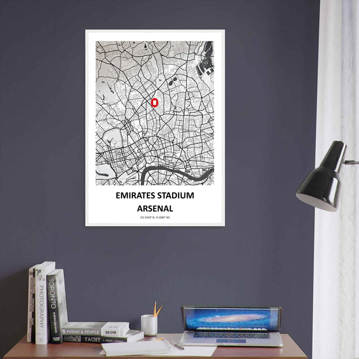 City map wall art print of North London centered on the Emirates Stadium, rendered in a grey and black monochrome style with a striking red pin marker, available as a canvas, framed, or unframed print.