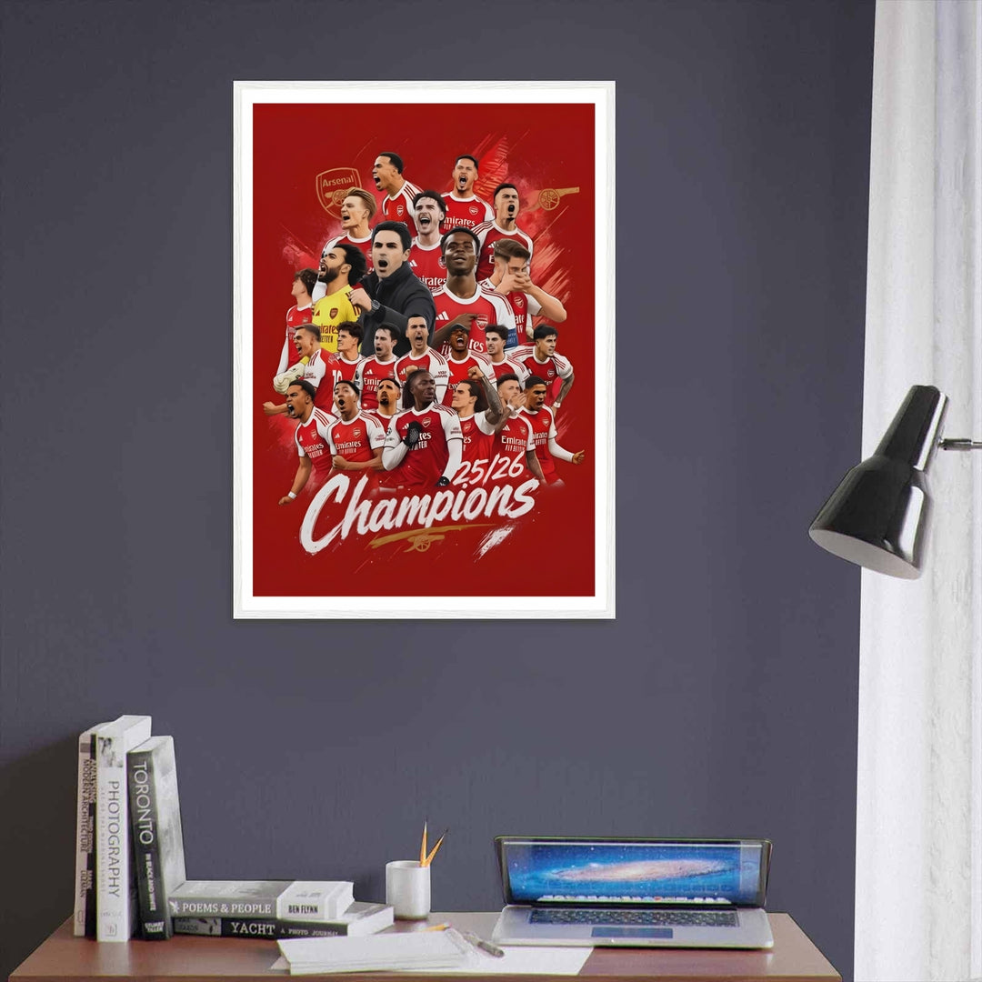 Premier League Champions team print featuring the Arsenal FC squad and Mikel Arteta mid-celebration, a bold tribute to the North London club&