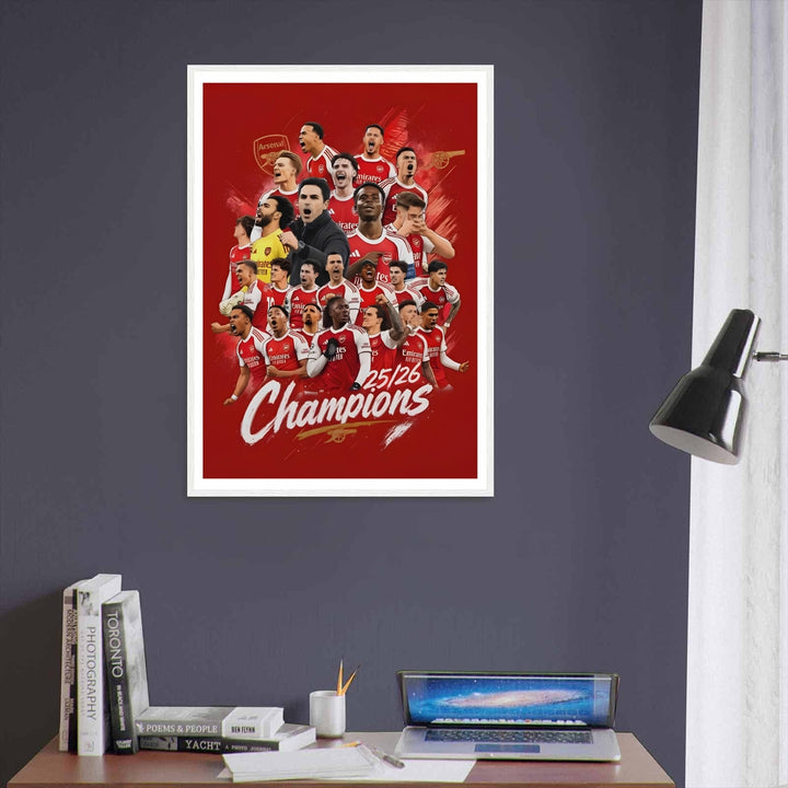 Premier League Champions team print featuring the Arsenal FC squad and Mikel Arteta mid-celebration, a bold tribute to the North London club&