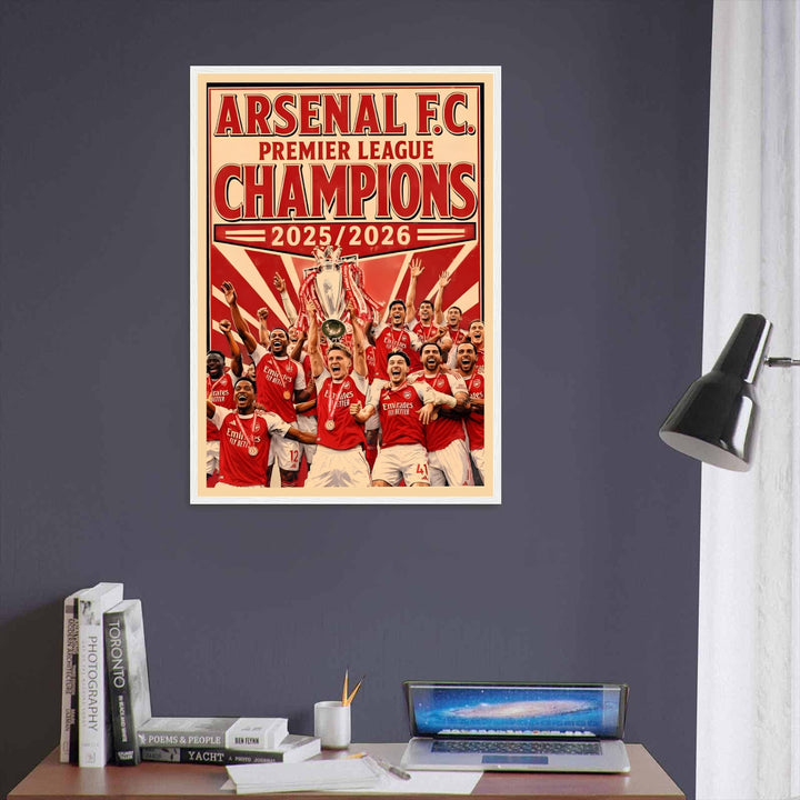 A unique retro travel illustration of the historical title win at Emirates Stadium in London, displaying a clean flat-color graphic style with a magnificent silver trophy lifting high into the air.
