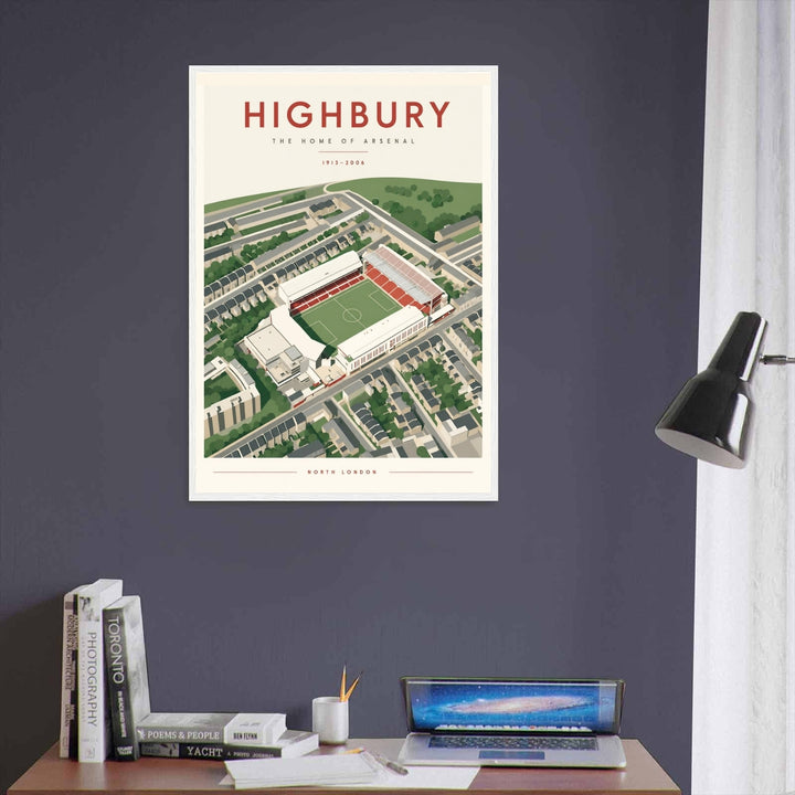 Highbury Stadium print showing the classic Home of Arsenal aerial view over North London, with bold red typography and a 1913–2006 date marker, available in framed, unframed, and canvas formats for a striking piece of football wall decor.