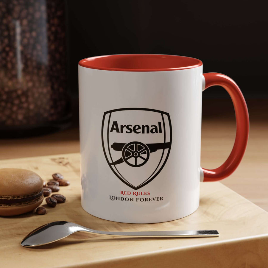 Red Arsenal FC mug featuring official club logo on durable ceramic. Ideal coffee or tea cup for football fans who support Arsenal. Comfortable handle with vibrant red finish, perfect for home, office, display, or match day use. A stylish supporter gift designed to show loyalty and pride daily. Created by Map Your Dreams.