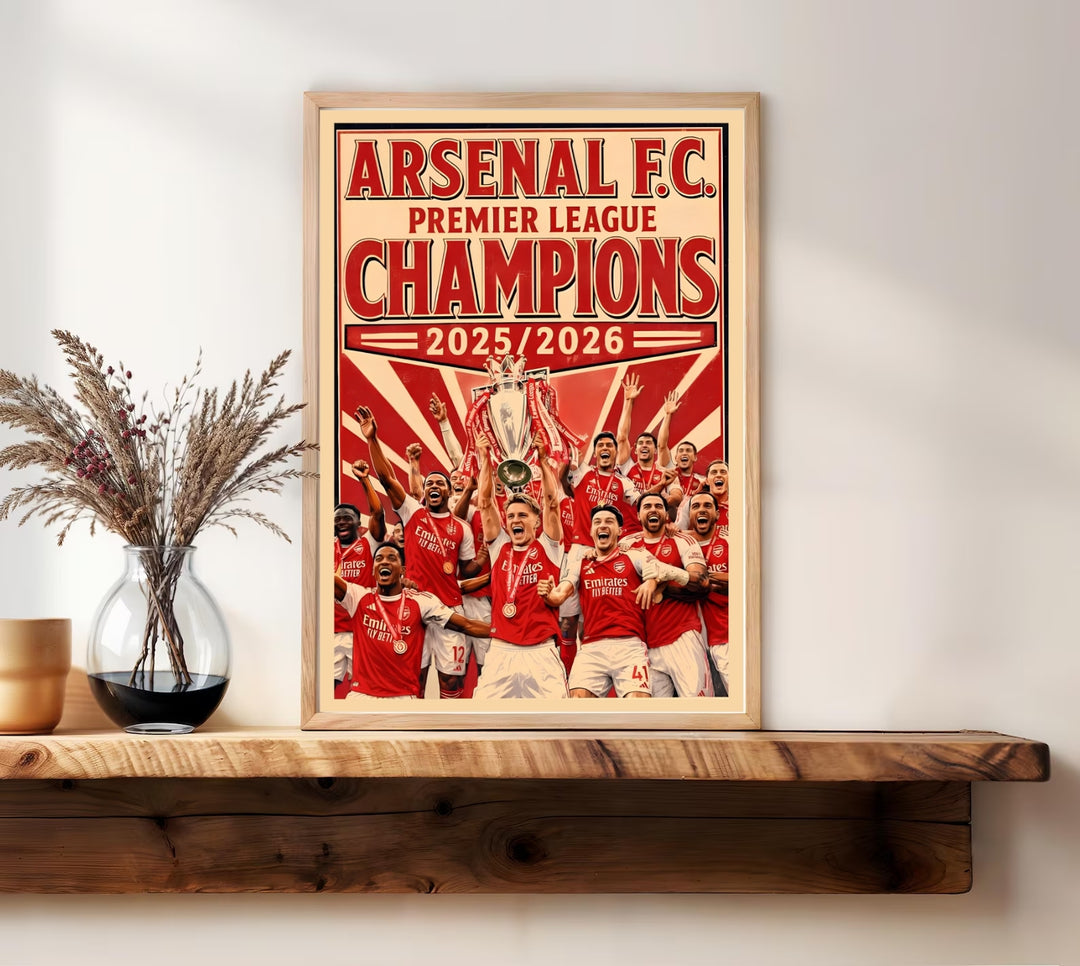 Bold football home decor featuring the brightly colored home kits and iconic celebration at Emirates Stadium in London, purchasable as a wrapped canvas format or a premium white frame profile layout.