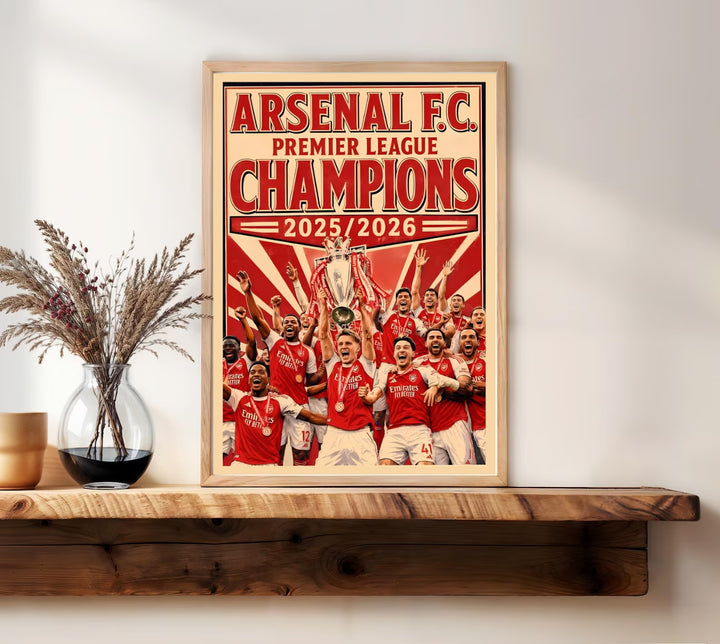 Bold football home decor featuring the brightly colored home kits and iconic celebration at Emirates Stadium in London, purchasable as a wrapped canvas format or a premium white frame profile layout.