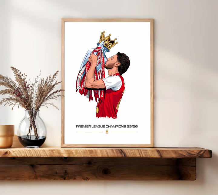 Declan Rice Champions poster showing a comic-style trophy kiss celebration with "Premier League Champions 25/26" typography, honoring the North London midfielder&