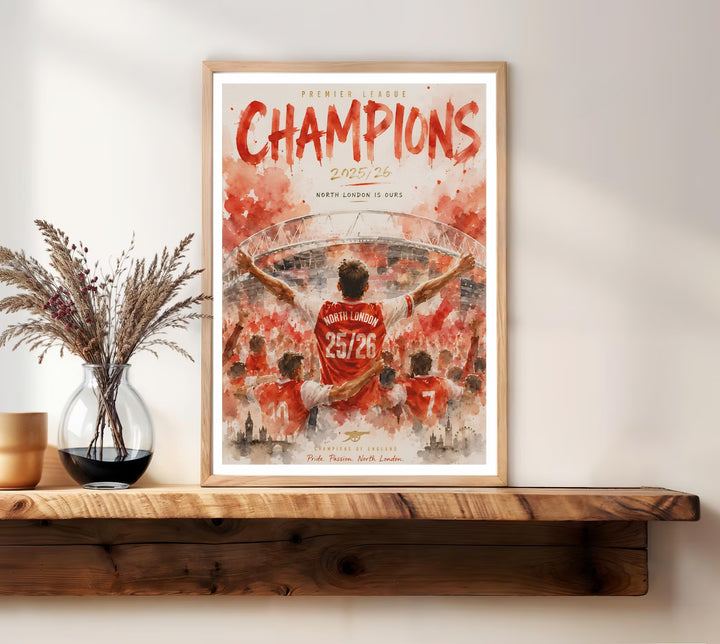 Arsenal FC Champions poster showing a player carried through a sea of fans beneath the Emirates Stadium&