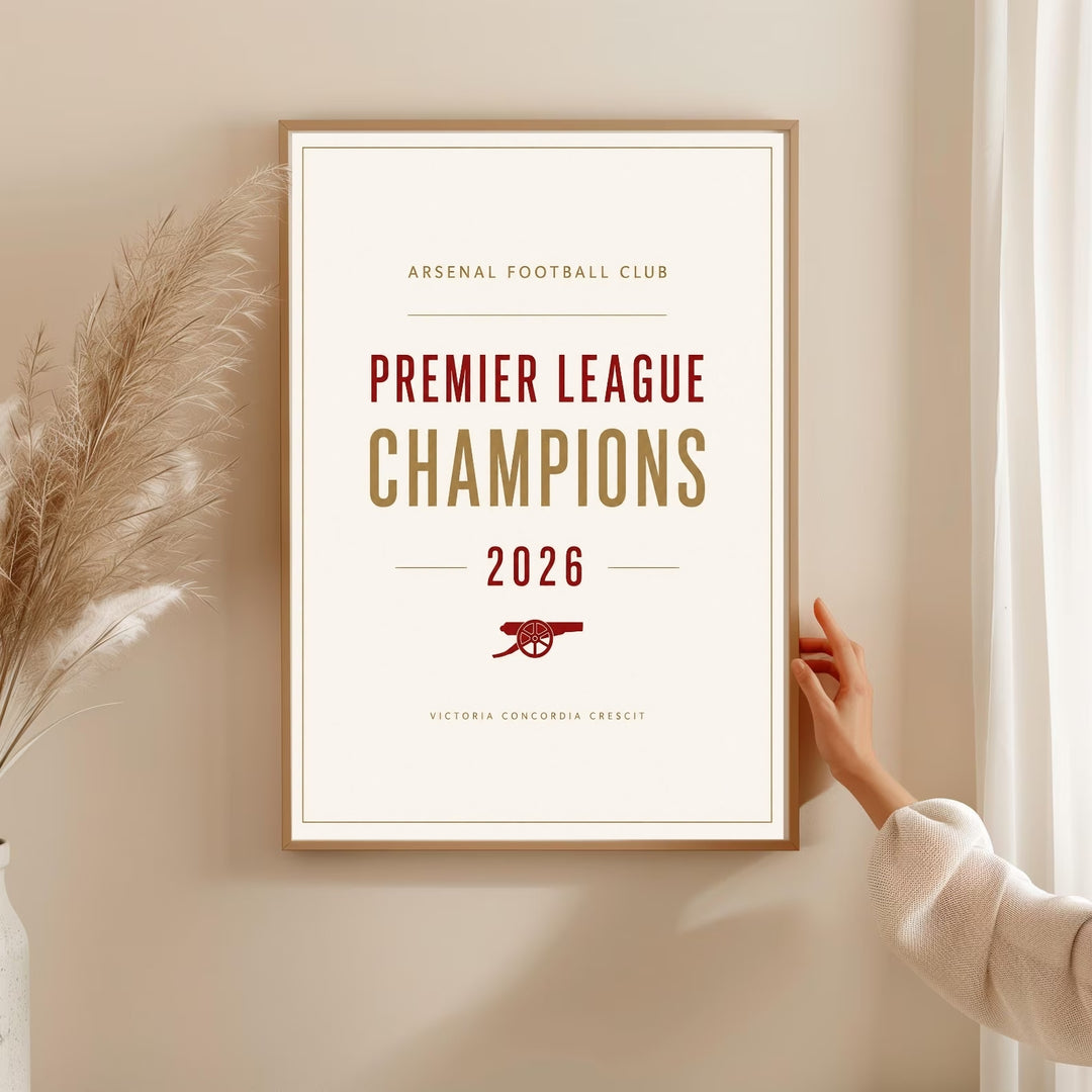 A unique retro travel illustration style poster celebrating the historic victory at Emirates Stadium in London, displaying the classic golden cannon symbol and the famous club motto at the bottom.