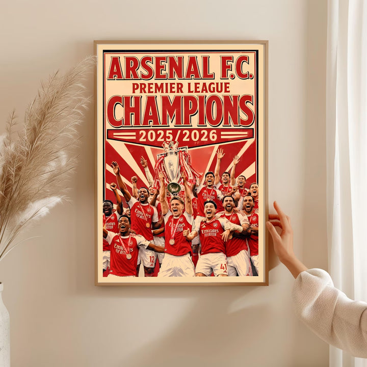 A stunning stadium theme print showcasing fluid geometric player layers and intense championship details at Emirates Stadium in London, available in flexible print presentation layouts.
