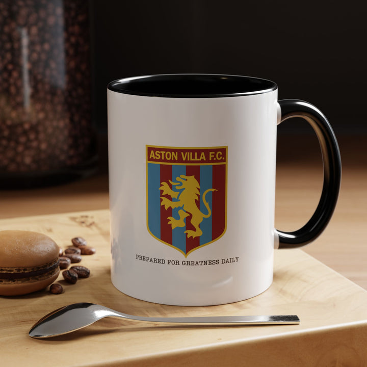 Sleek black Aston Villa FC coffee and tea mug featuring the official crest and Villa Park inspiration. A clean, modern supporter accessory suited for collectors or daily drinkers. Ideal as a gift for fans of The Villans and crafted by Map Your Dreams to blend style, loyalty, and practicality.