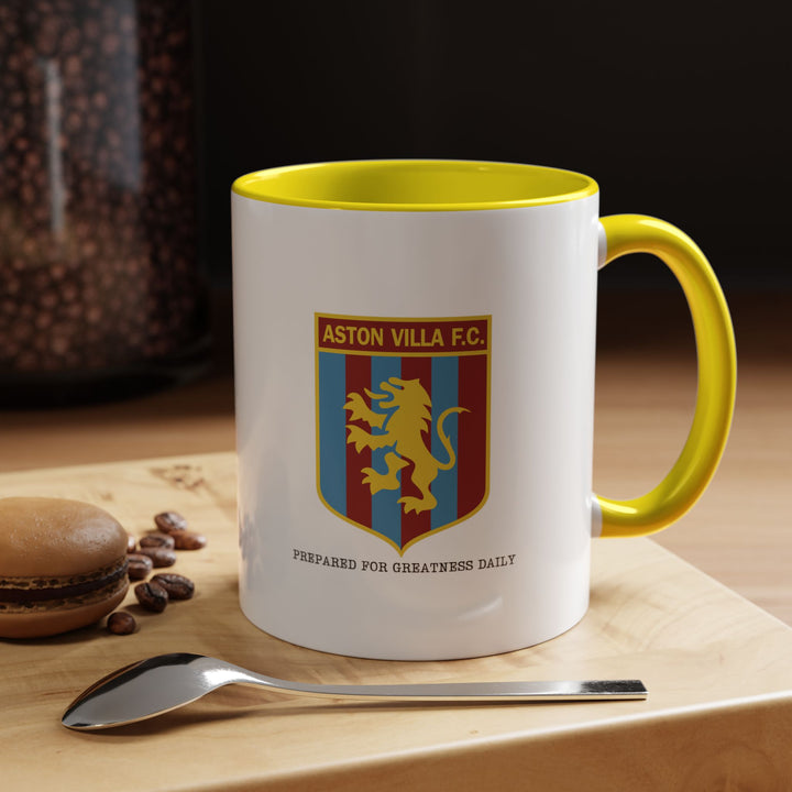 A lively yellow Aston Villa FC mug designed for devoted Villans fans. Features a clean club crest graphic and is made from sturdy ceramic for daily drink enjoyment. Ideal for work desks, home kitchens, or as a thoughtful football-themed gift for someone who loves celebrating their club pride.